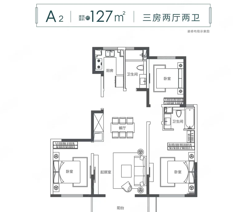  3室2厅2卫 127㎡户型图