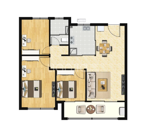  3室2厅1卫 88㎡户型图