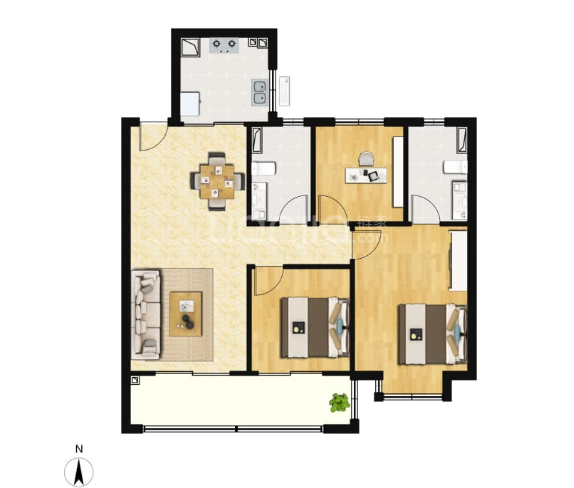  3室2厅2卫 104㎡户型图