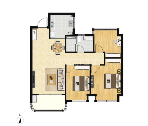  3室2厅1卫 89㎡户型图