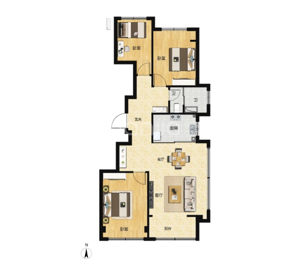  3室2厅1卫 89㎡户型图
