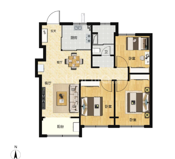  3室2厅1卫 89㎡户型图