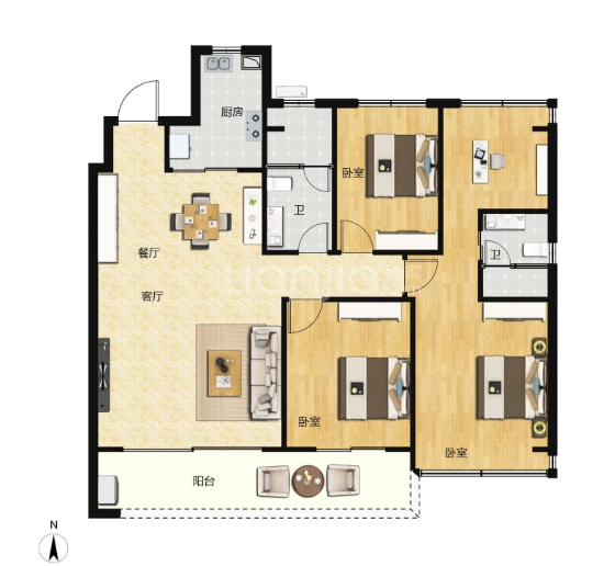  4室2厅2卫 130㎡户型图