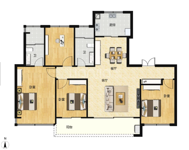  4室2厅2卫 143㎡户型图