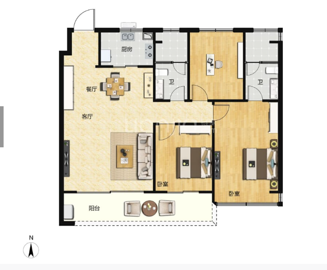  3室2厅2卫 118㎡户型图