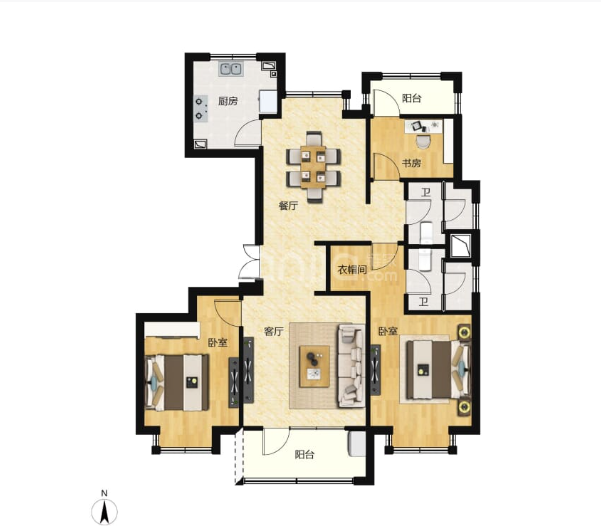  3室2厅2卫 117㎡户型图