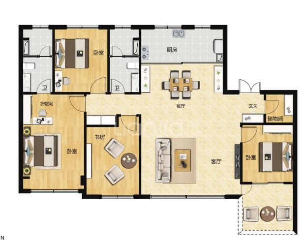 4室2厅2卫 140㎡户型图