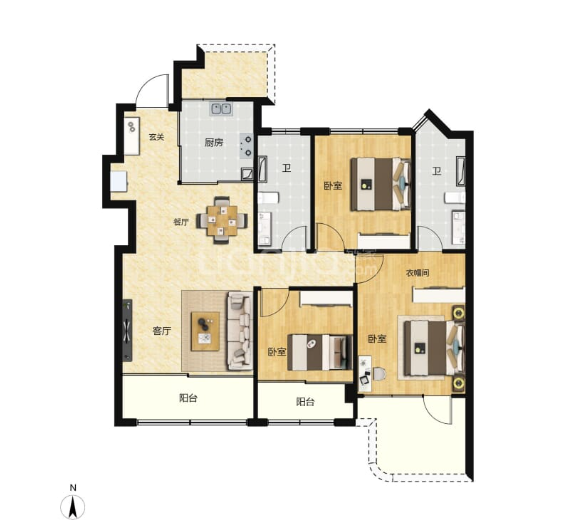  3室2厅2卫 106㎡户型图