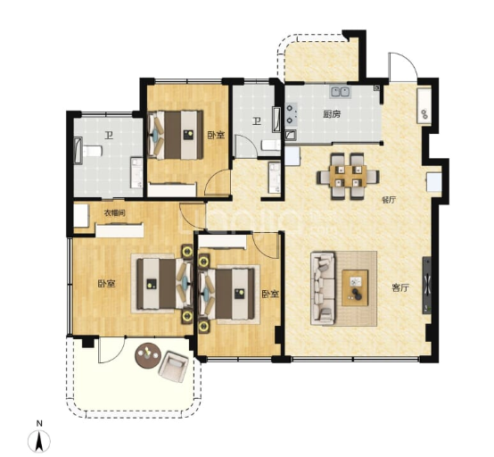  3室2厅2卫 119㎡户型图