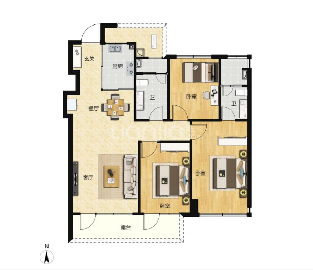  3室2厅2卫 105㎡户型图