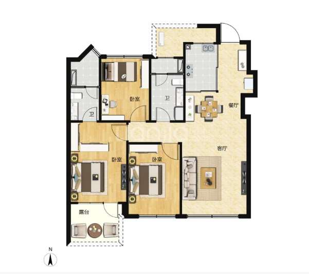  3室2厅2卫 105㎡户型图