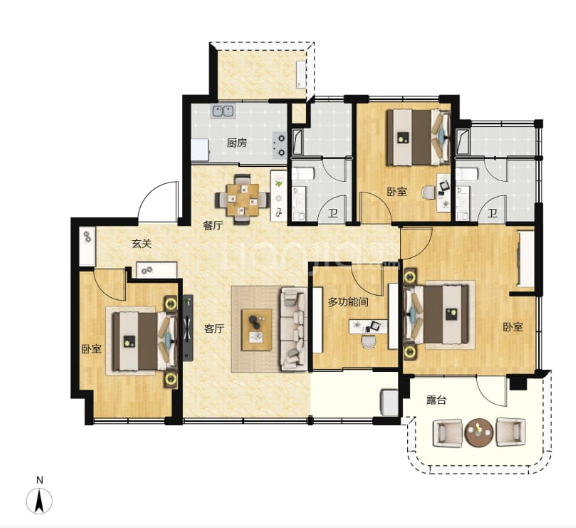  4室2厅2卫 122㎡户型图