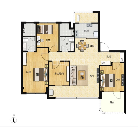  4室2厅2卫 122㎡户型图