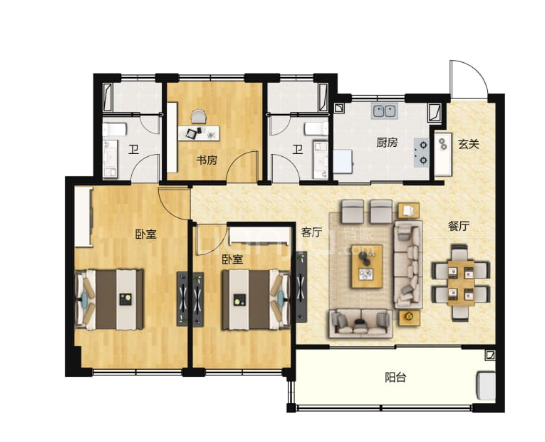  3室2厅2卫 103㎡户型图