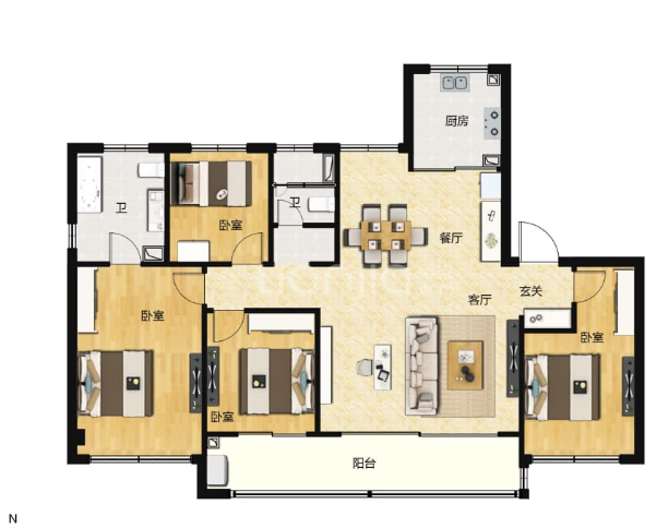  4室2厅2卫 143㎡户型图