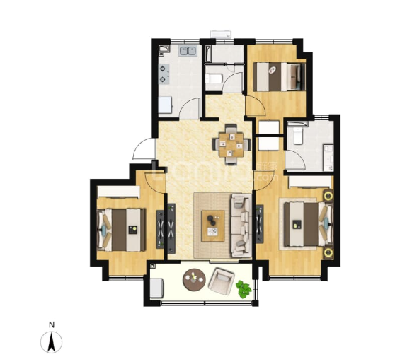  3室2厅2卫 89㎡户型图