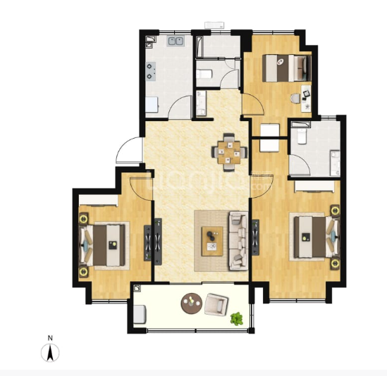  3室2厅2卫 89㎡户型图