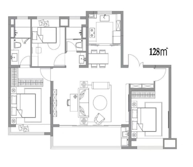  4室2厅2卫 128㎡户型图