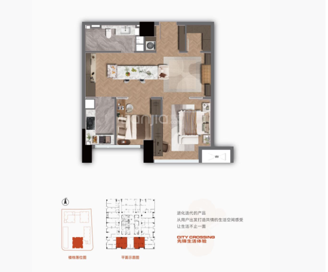  2室1厅1卫 89㎡户型图