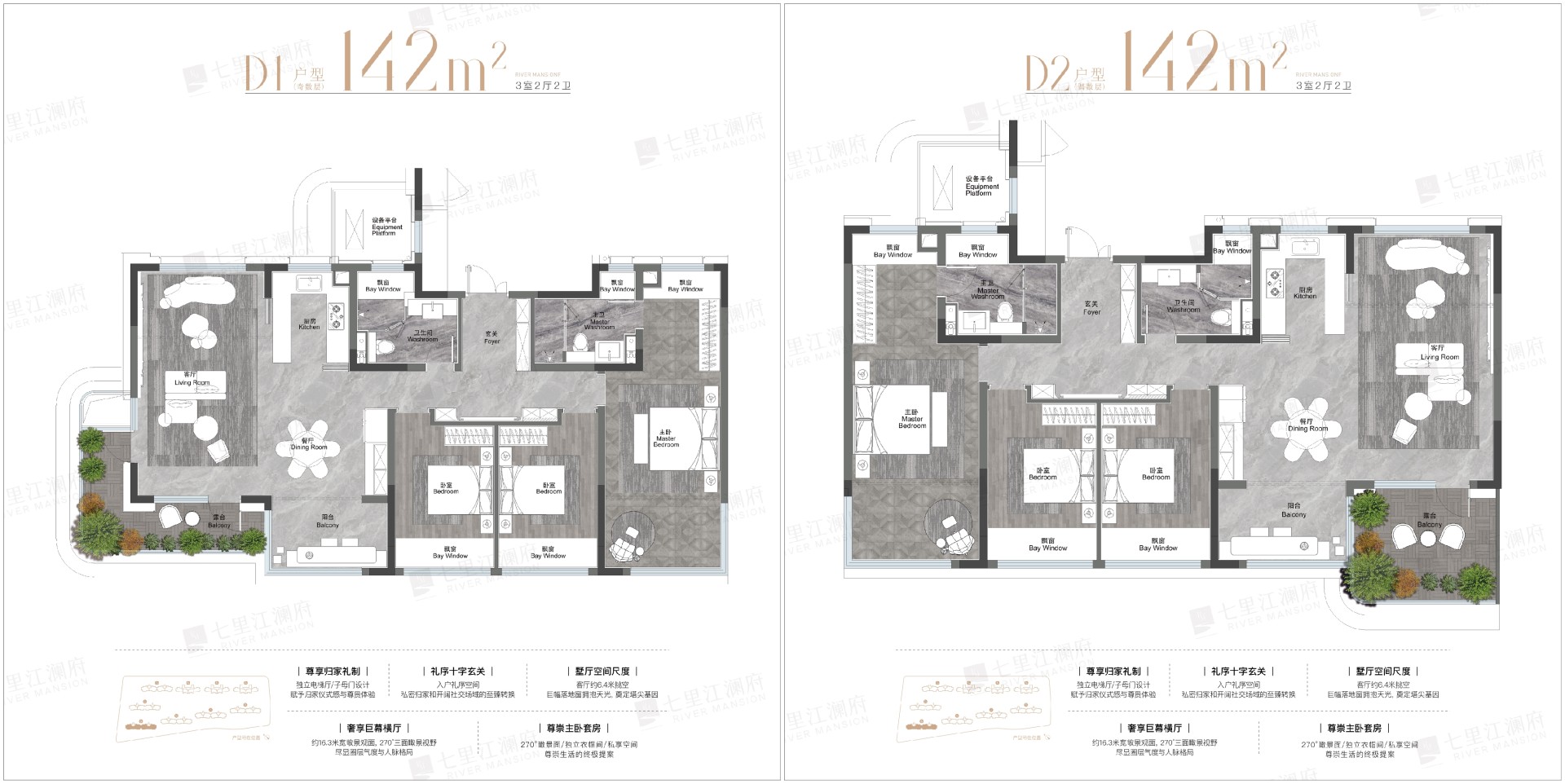  3室2厅2卫 142㎡户型图