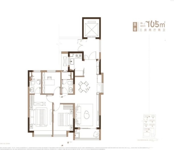  3室2厅2卫 105㎡户型图