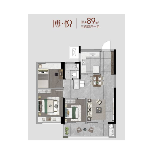  3室2厅2卫 89㎡户型图