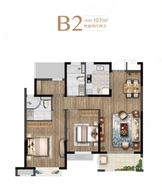  2室2厅2卫 107㎡户型图