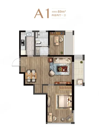  2室2厅1卫 89㎡户型图