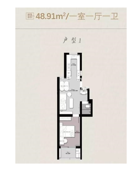  1室1厅1卫 48.9㎡户型图