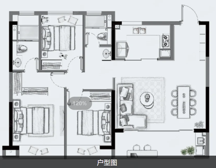  3室2厅2卫 113㎡户型图