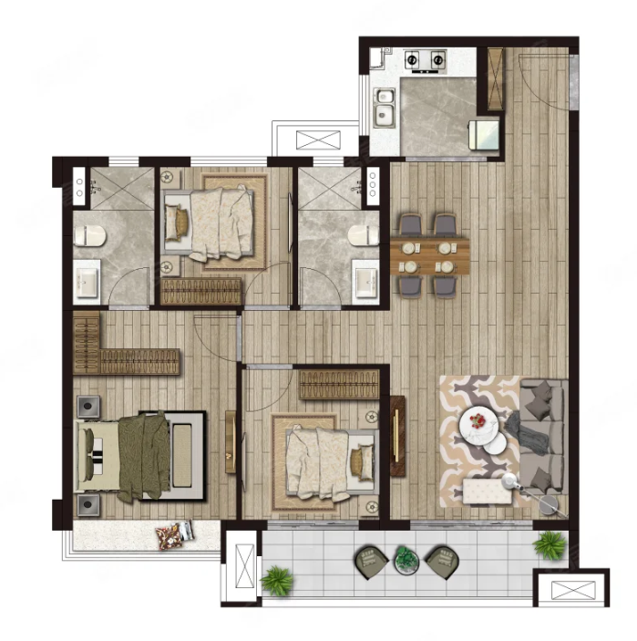  3室2厅2卫 106㎡户型图