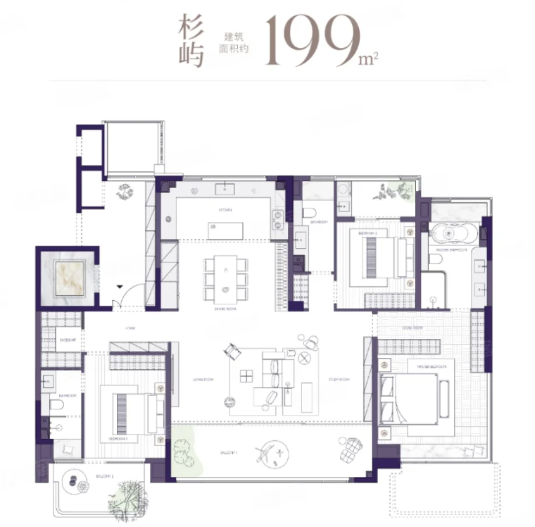  3室2厅3卫 199㎡户型图