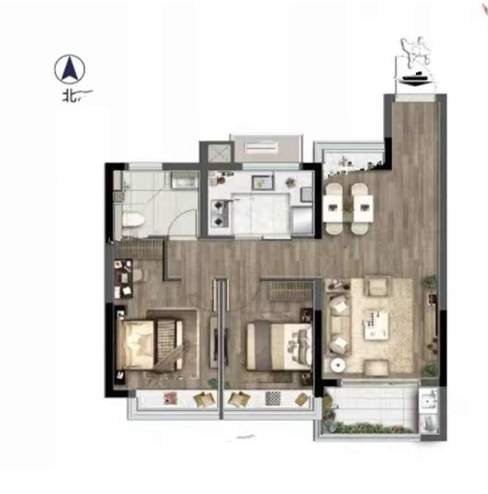  2室2厅1卫 80㎡户型图