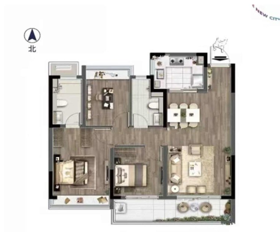  3室2厅2卫 109㎡户型图