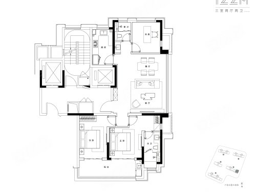  3室2厅2卫 122㎡户型图