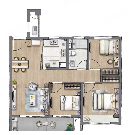  3室2厅2卫 89㎡户型图