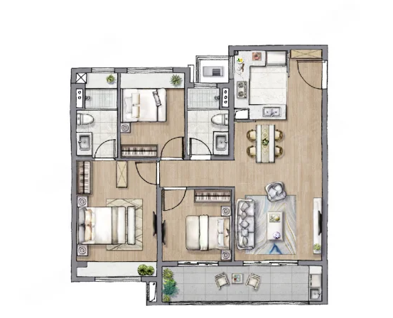  3室2厅2卫 105㎡户型图