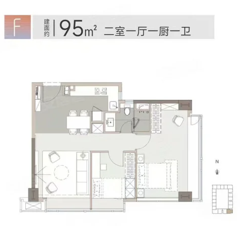  2室1厅1卫 95㎡户型图