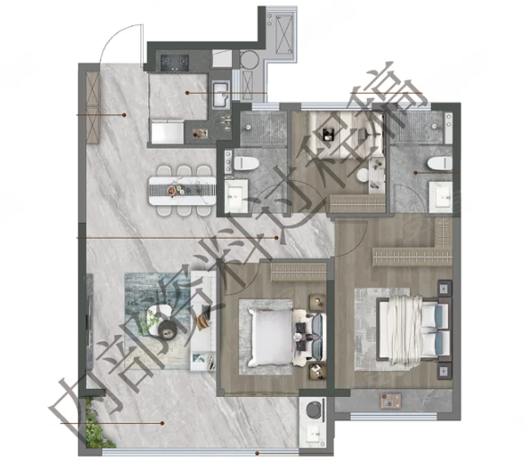  3室2厅2卫 108㎡户型图