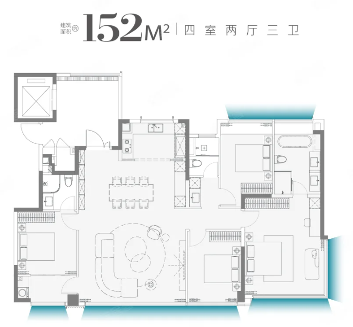  4室2厅3卫 152㎡户型图