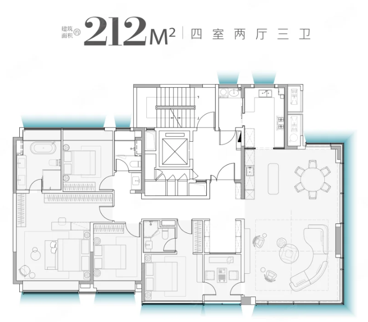  4室2厅3卫 212㎡户型图
