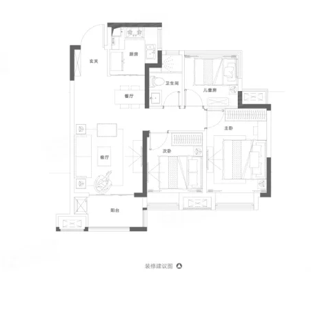  3室2厅1卫 86㎡户型图