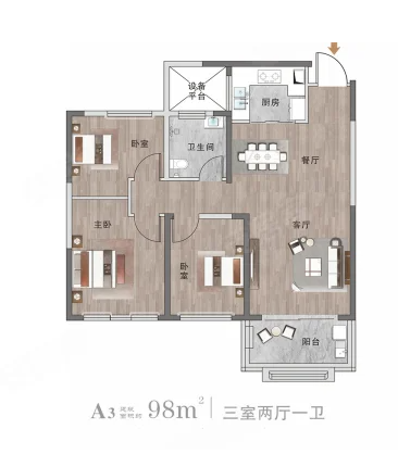  3室2厅1卫 98㎡户型图