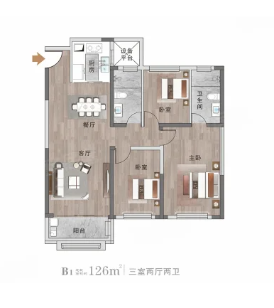  3室2厅2卫 126㎡户型图