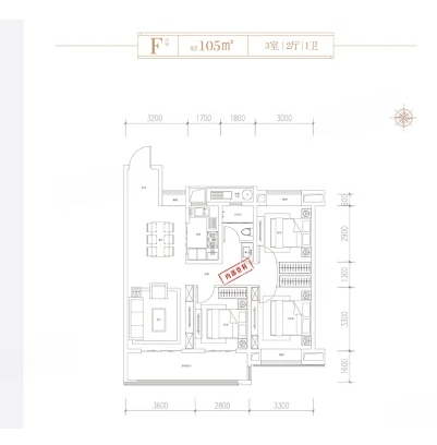 3室2厅1卫 105㎡户型图