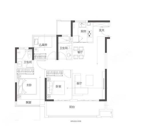  3室2厅2卫 106㎡户型图
