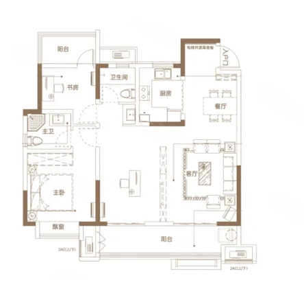  2室2厅2卫 114㎡户型图