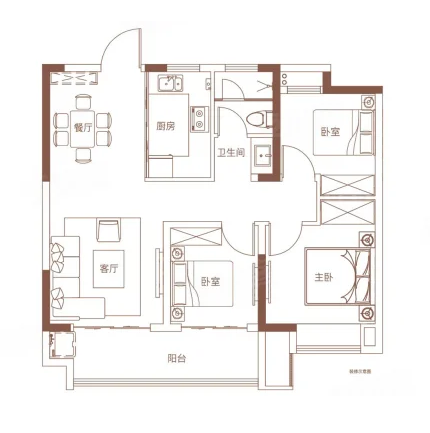  3室2厅1卫 90㎡户型图