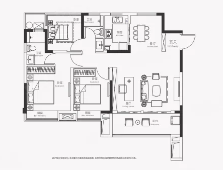  3室2厅2卫 116㎡户型图