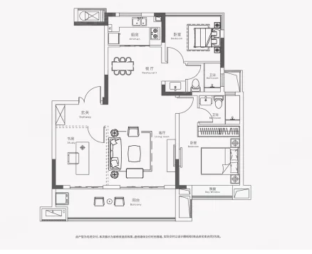 3室2厅2卫 109㎡户型图